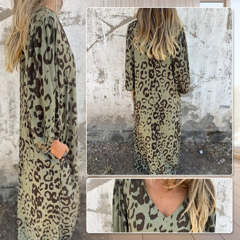 V-Ausschnitt fließendes Kleid mit Print und Taschen