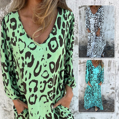 V-Ausschnitt fließendes Kleid mit Print und Taschen