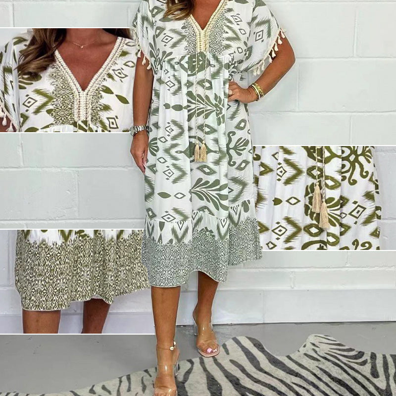 🏆Letzter Tag 49 % RABATT✨Lose bedrucktes Kleid mit kurzen Ärmeln und Fransen im Boho-Stil