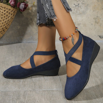 Elegante feste Farbe elastische Riemen niedrige Keilschuhe