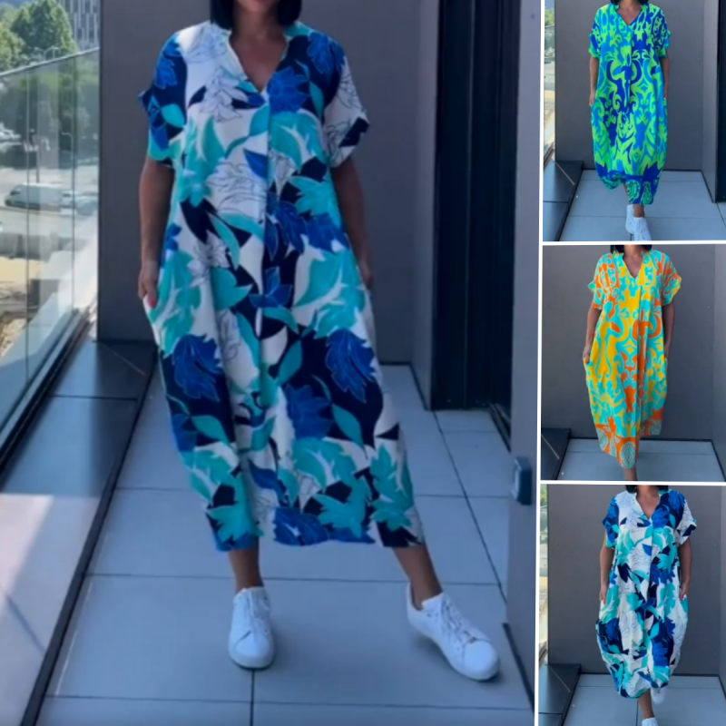 👗 50% RABATT! 🌸 Lässiges Elegantes Bedrucktes V-Ausschnitt Kleid für Damen – Fließender Stoff, Schmeichelhafte Passform & Perfekt für den Frühling ☀️