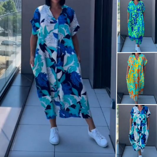 👗 50% RABATT! 🌸 Lässiges Elegantes Bedrucktes V-Ausschnitt Kleid für Damen – Fließender Stoff, Schmeichelhafte Passform & Perfekt für den Frühling ☀️
