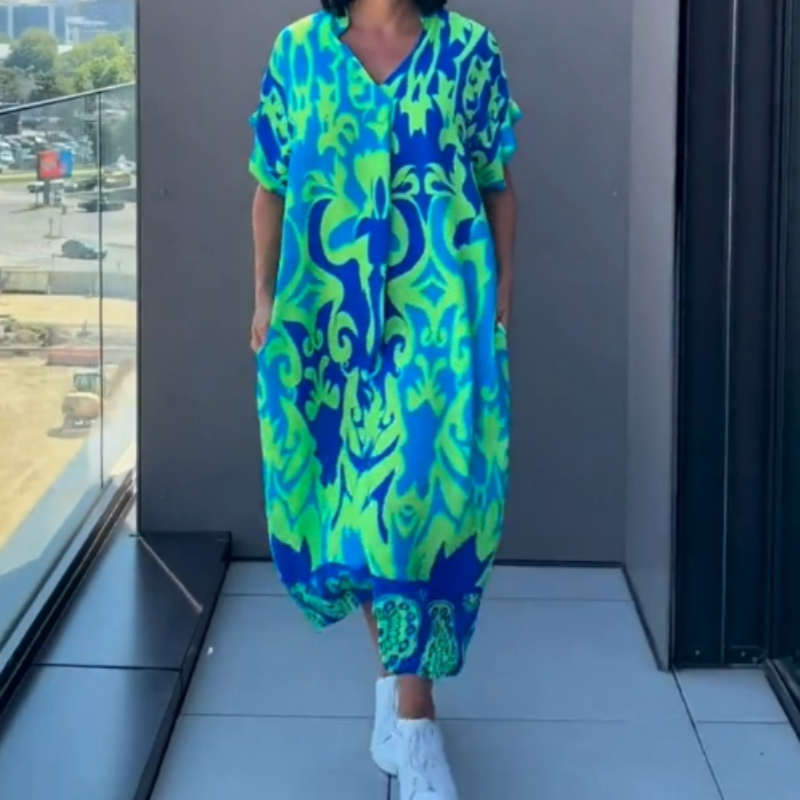 👗 50% RABATT! 🌸 Lässiges Elegantes Bedrucktes V-Ausschnitt Kleid für Damen – Fließender Stoff, Schmeichelhafte Passform & Perfekt für den Frühling ☀️