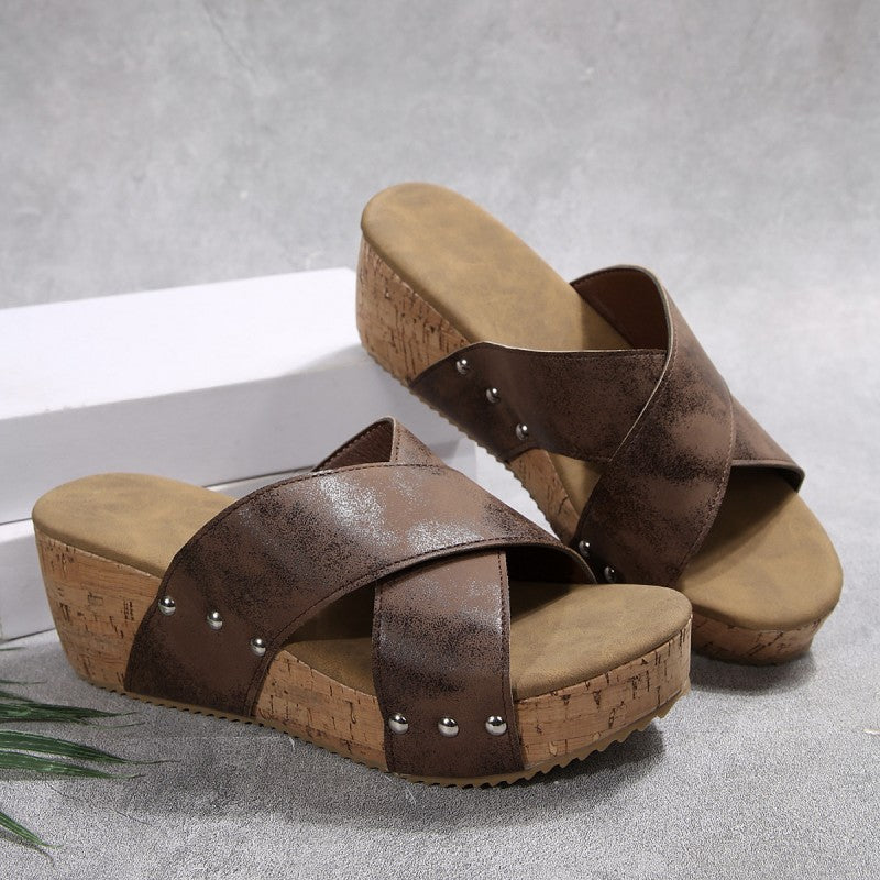 Modische Damen-Sandalen mit Kreuzriemen und dickem Keilabsatz
