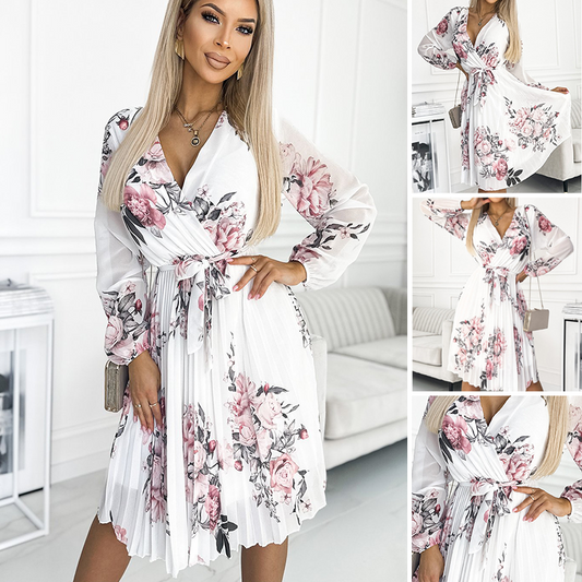 Weißes Blumenkleid mit V-Ausschnitt und Gürtel für Damen