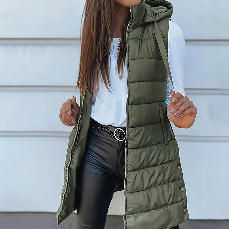 ⏰50 % RABATT🔥Lange Daunenweste für Damen 👗 | Einfarbig | Ärmellos | Mit Kapuze | Winterkleidung 💕