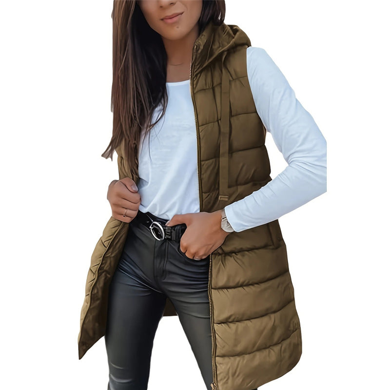 ⏰50 % RABATT🔥Lange Daunenweste für Damen 👗 | Einfarbig | Ärmellos | Mit Kapuze | Winterkleidung 💕