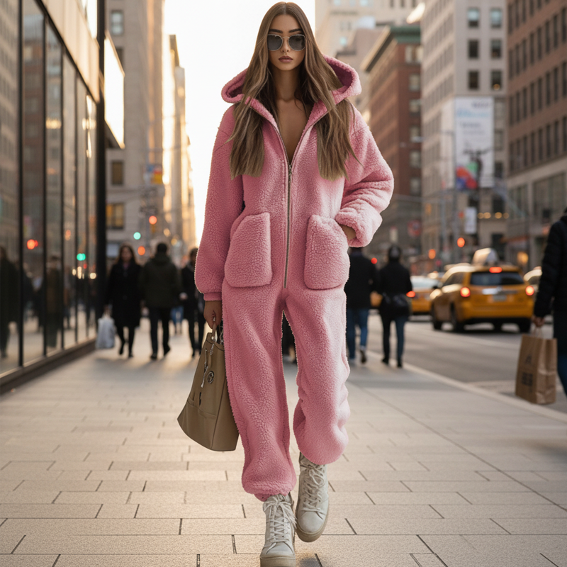 Warmer Damen-Overall mit Kapuze, Reißverschluss und Taschen