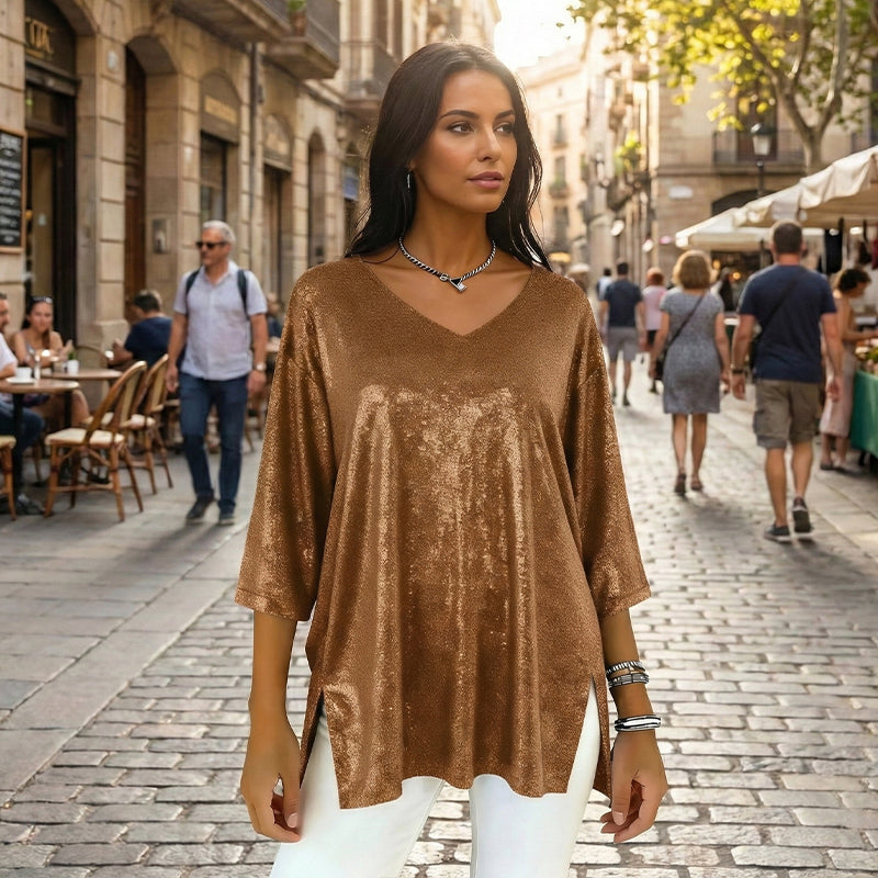 Glitzerndes, locker sitzendes Oberteil mit V-Ausschnitt für Damen
