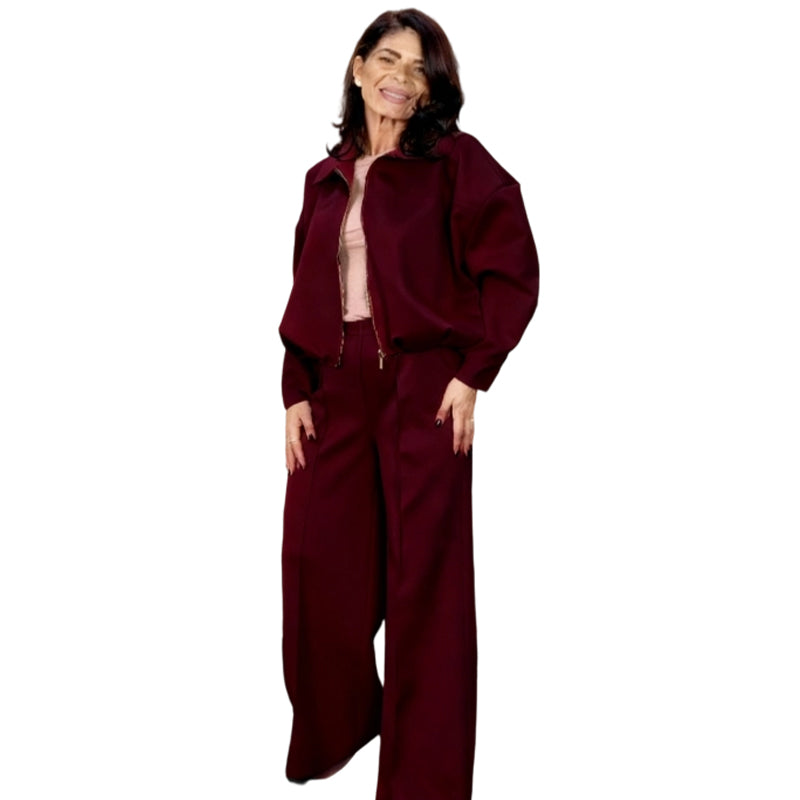 Zweiteiliges Set aus Damenjacke mit Reißverschluss und Hose mit weitem Bein