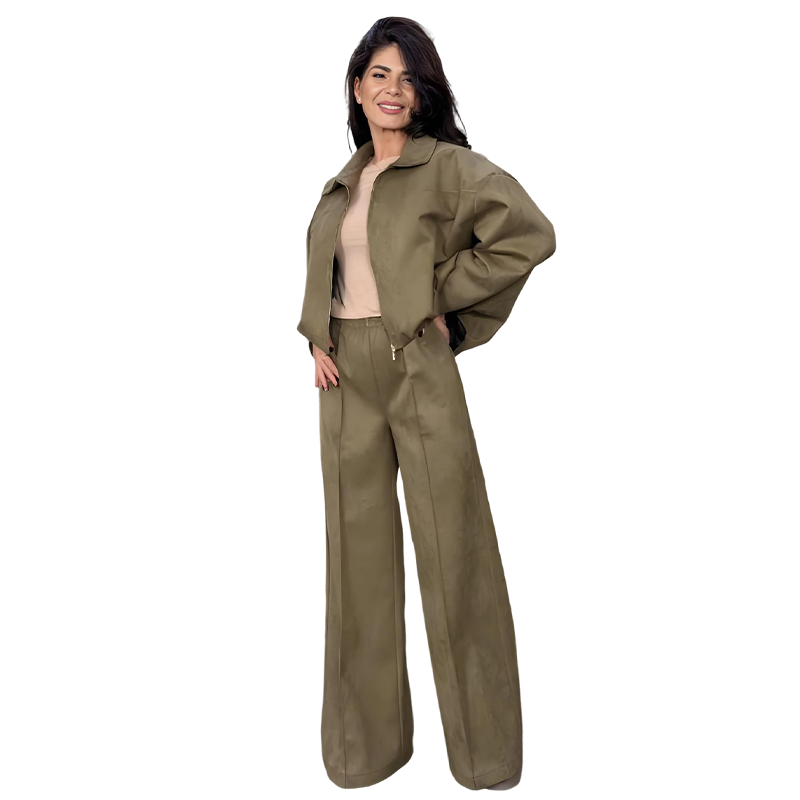 Zweiteiliges Set aus Damenjacke mit Reißverschluss und Hose mit weitem Bein