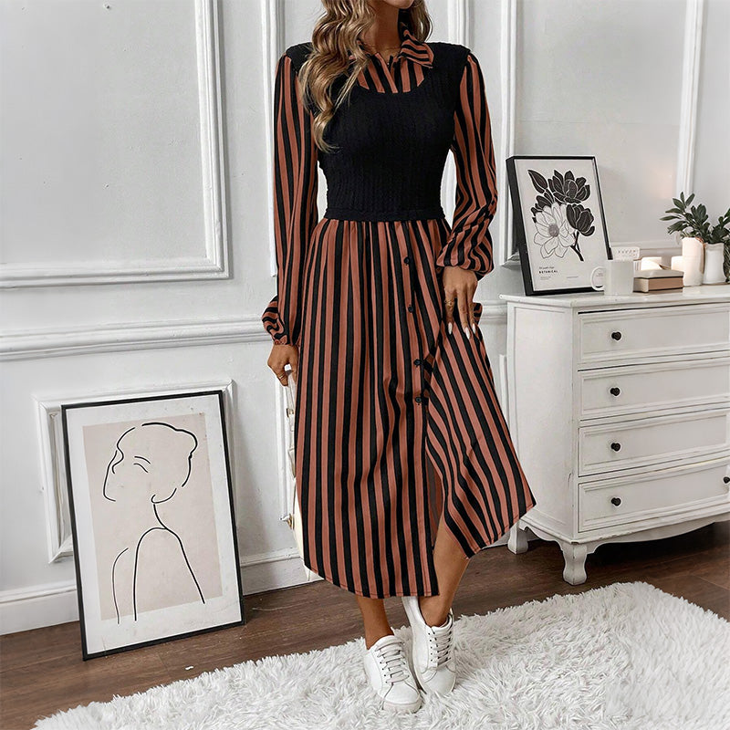 Gestreiftes Langarm-Hemdkleid mit kontrastierendem Oberteil