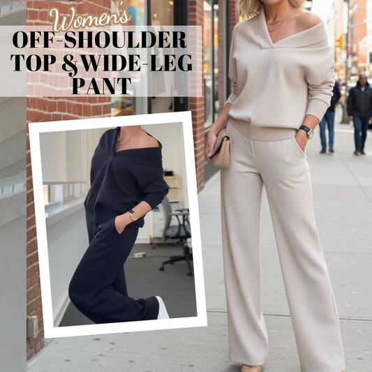 Vielseitiges Off-Shoulder-Oberteil mit V-Ausschnitt und weit geschnittene Hose für Damen