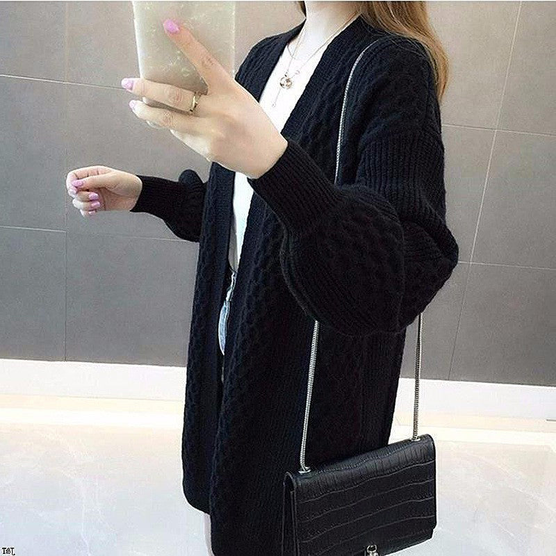 Damen-Strickjacke mit V-Ausschnitt und Laternenärmeln