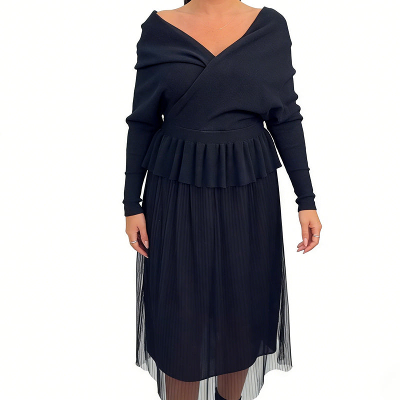 Elegantes schulterfreies Strick-Midikleid mit Patchwork-Design für Damen