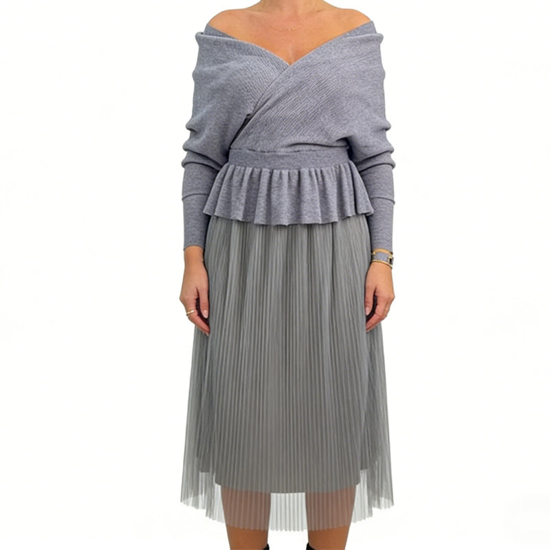 Elegantes schulterfreies Strick-Midikleid mit Patchwork-Design für Damen
