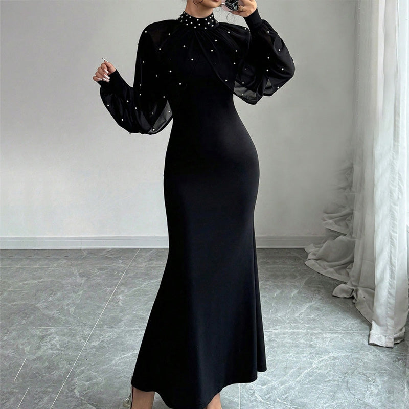 Elegantes Meerjungfrauen-Kleid mit Kragen aus Kunstperlen