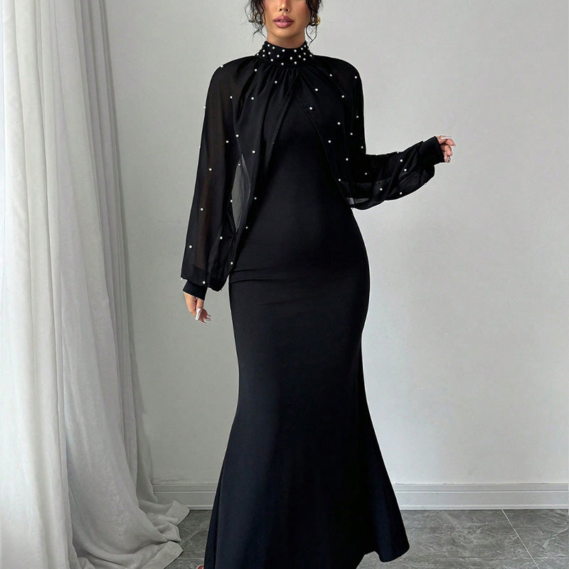 Elegantes Meerjungfrauen-Kleid mit Kragen aus Kunstperlen