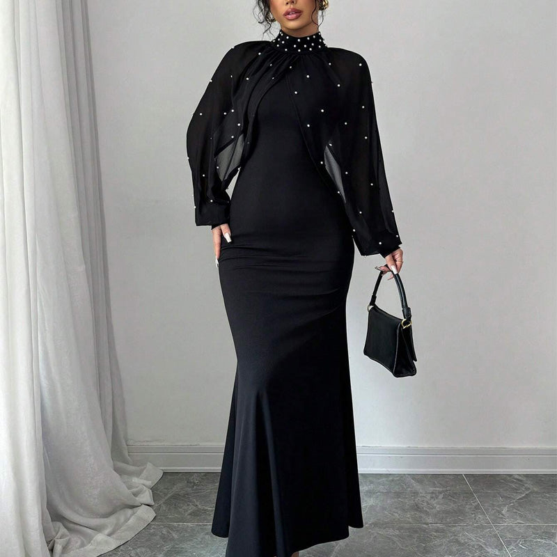 Elegantes Meerjungfrauen-Kleid mit Kragen aus Kunstperlen