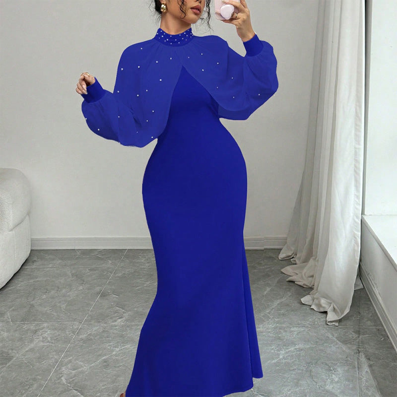 Elegantes Meerjungfrauen-Kleid mit Kragen aus Kunstperlen