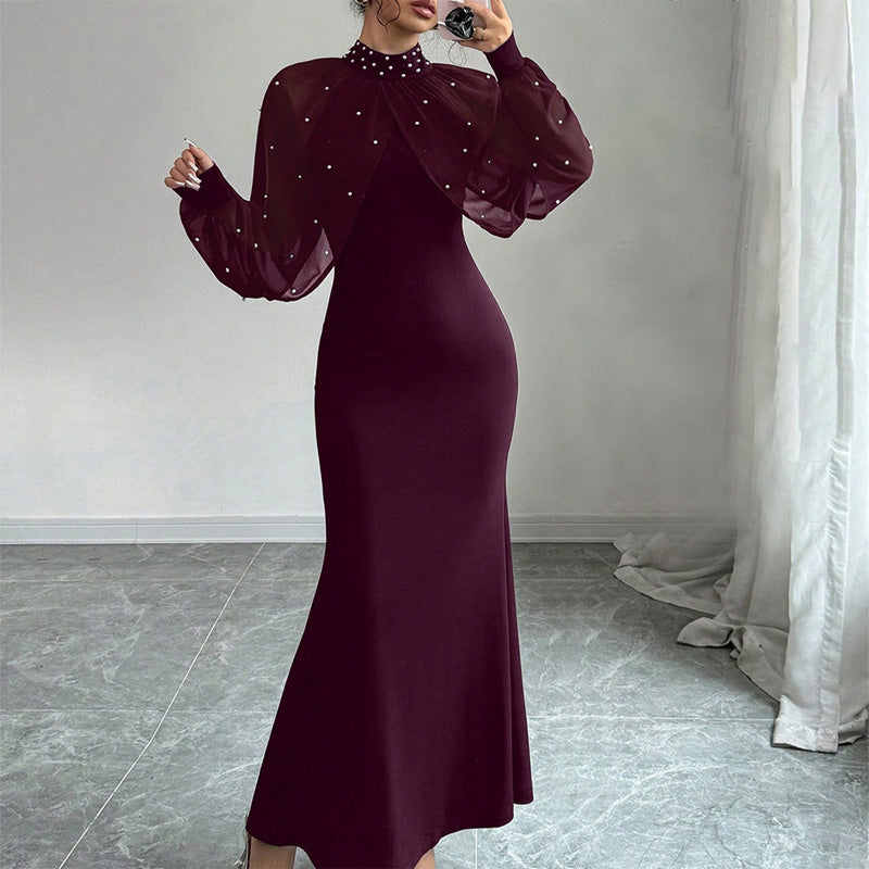 Elegantes Meerjungfrauen-Kleid mit Kragen aus Kunstperlen