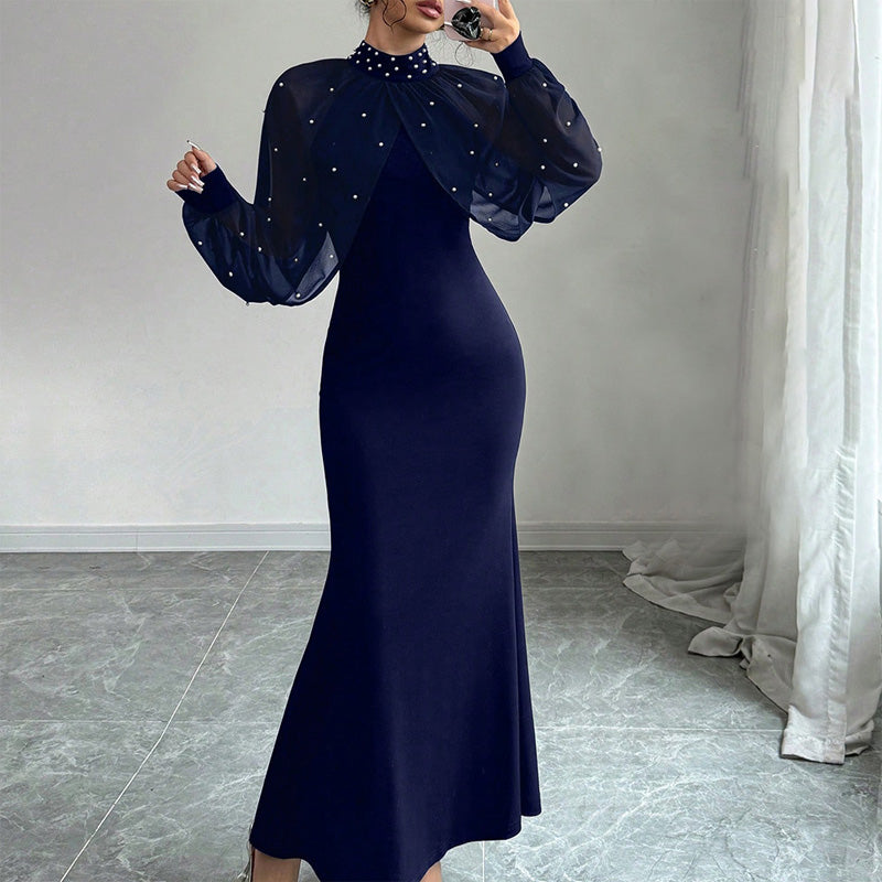 Elegantes Meerjungfrauen-Kleid mit Kragen aus Kunstperlen