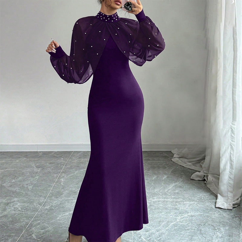 Elegantes Meerjungfrauen-Kleid mit Kragen aus Kunstperlen