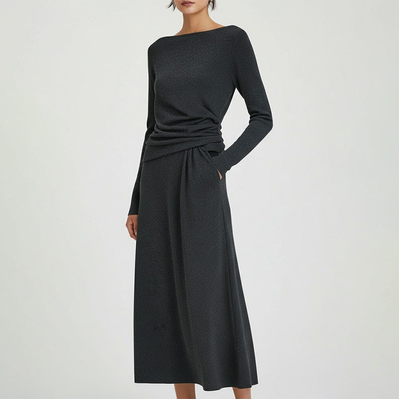 Eleganter Damen-Zweiteiler: Langarmshirt mit Raffung & Midirock