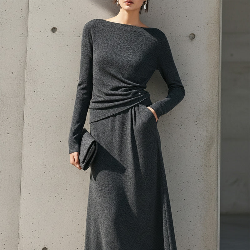 Eleganter Damen-Zweiteiler: Langarmshirt mit Raffung & Midirock