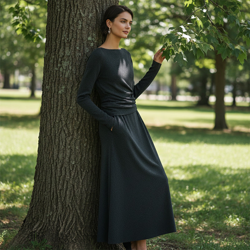 Eleganter Damen-Zweiteiler: Langarmshirt mit Raffung & Midirock
