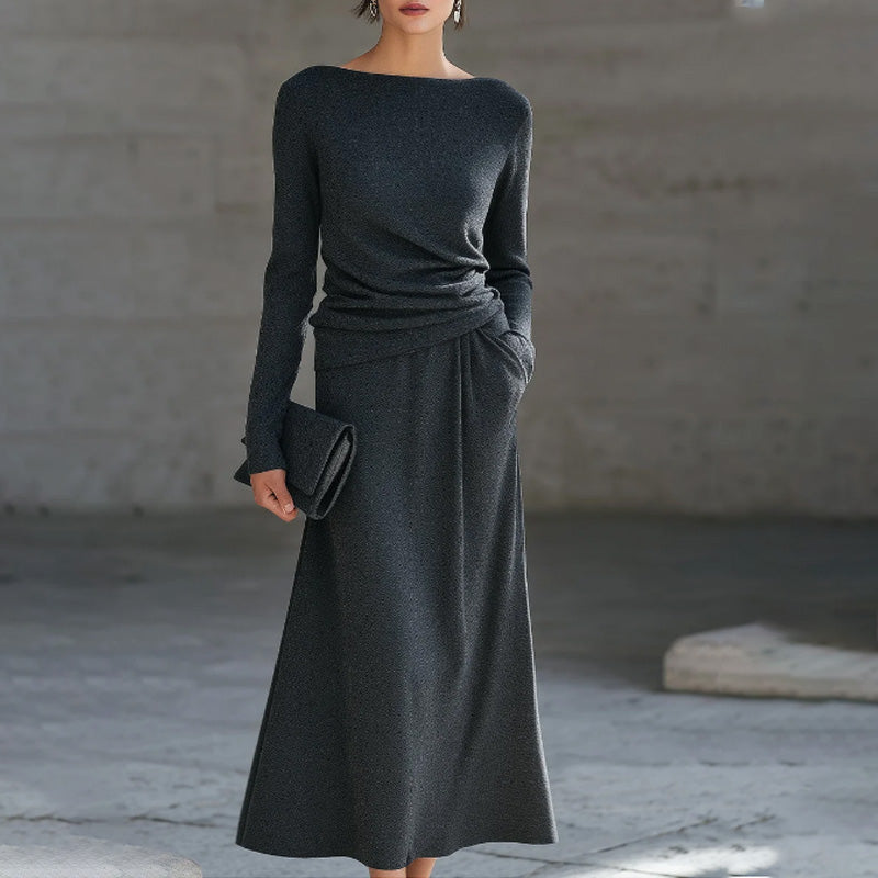 Eleganter Damen-Zweiteiler: Langarmshirt mit Raffung & Midirock