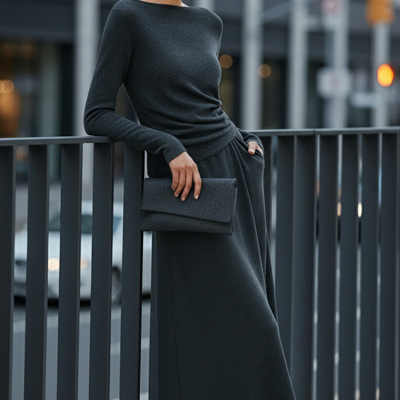 Eleganter Damen-Zweiteiler: Langarmshirt mit Raffung & Midirock