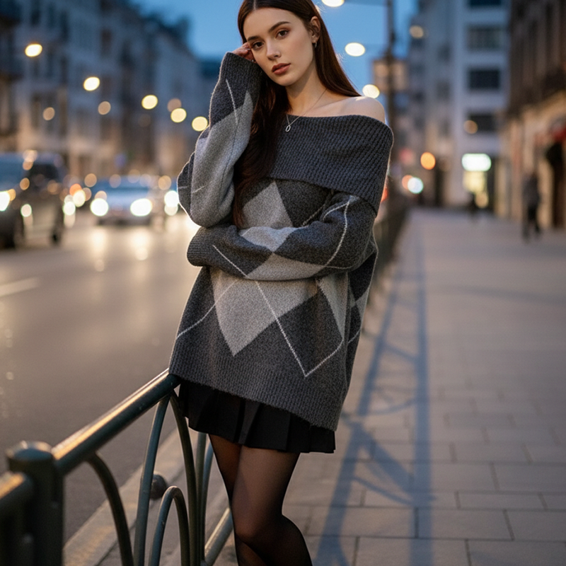 Damen-Strickpullover mit Carmenausschnitt und Argyle-Muster