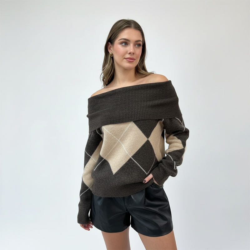 Damen-Strickpullover mit Carmenausschnitt und Argyle-Muster