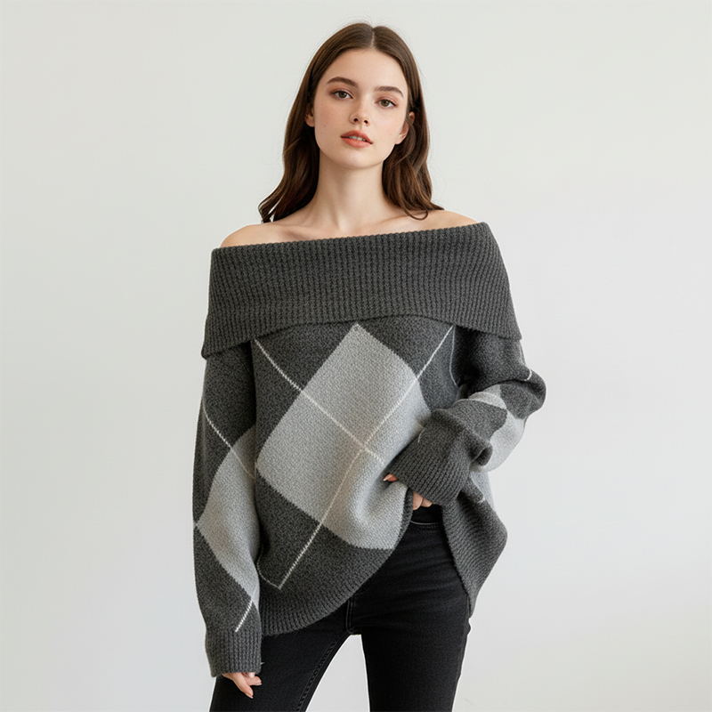 Damen-Strickpullover mit Carmenausschnitt und Argyle-Muster
