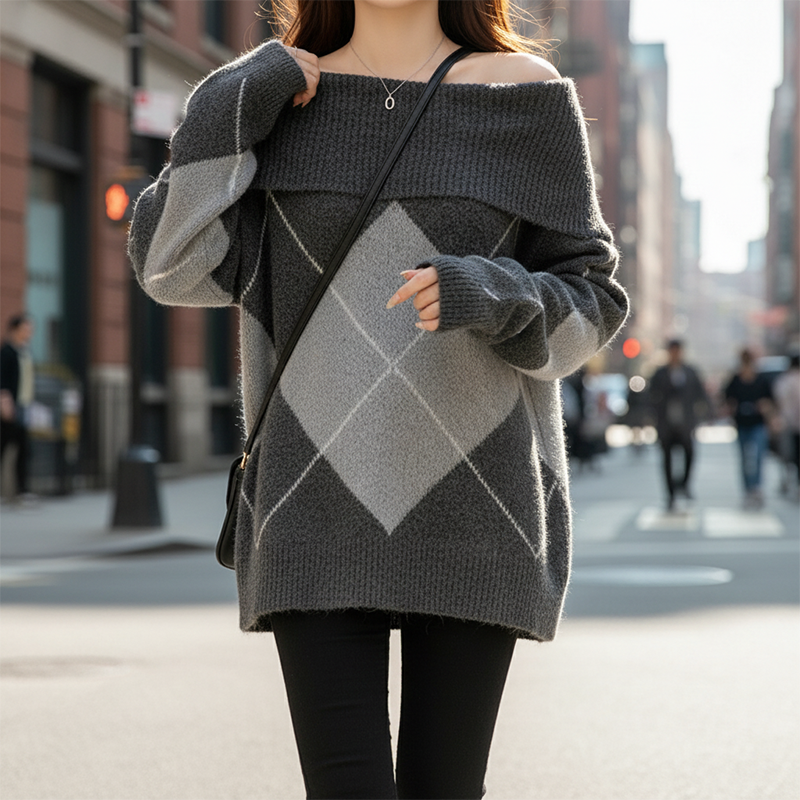 Damen-Strickpullover mit Carmenausschnitt und Argyle-Muster