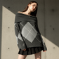Damen-Strickpullover mit Carmenausschnitt und Argyle-Muster