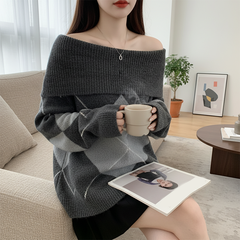 Damen-Strickpullover mit Carmenausschnitt und Argyle-Muster
