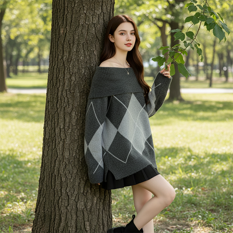 Damen-Strickpullover mit Carmenausschnitt und Argyle-Muster