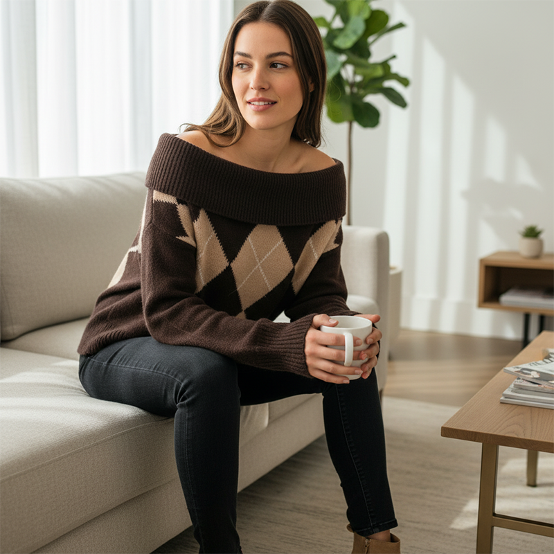 Damen-Strickpullover mit Carmenausschnitt und Argyle-Muster