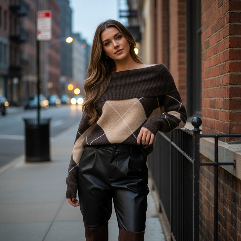 Damen-Strickpullover mit Carmenausschnitt und Argyle-Muster