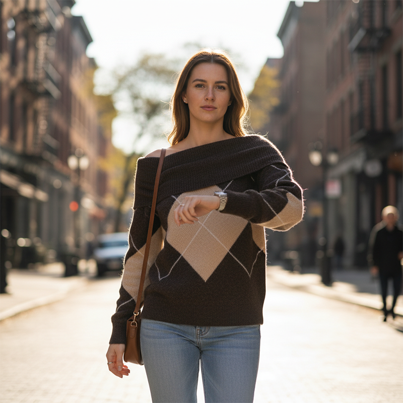 Damen-Strickpullover mit Carmenausschnitt und Argyle-Muster