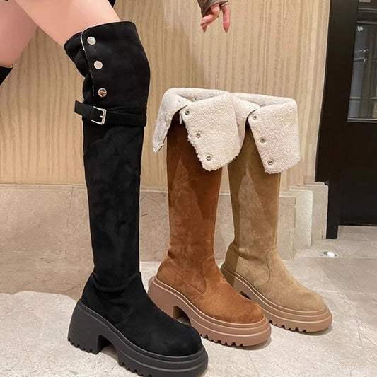 Damen Overknee-Stiefel mit Umschlag und Plüschfutter