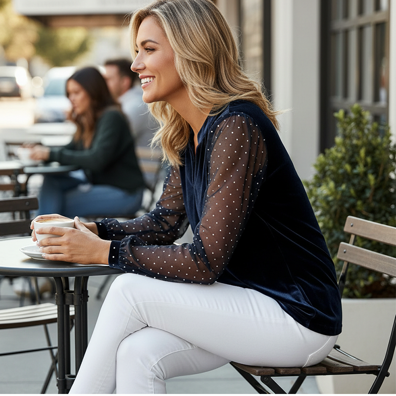 Damen Oberteil aus Kunstsamt mit V-Ausschnitt und Mesh-Ärmeln