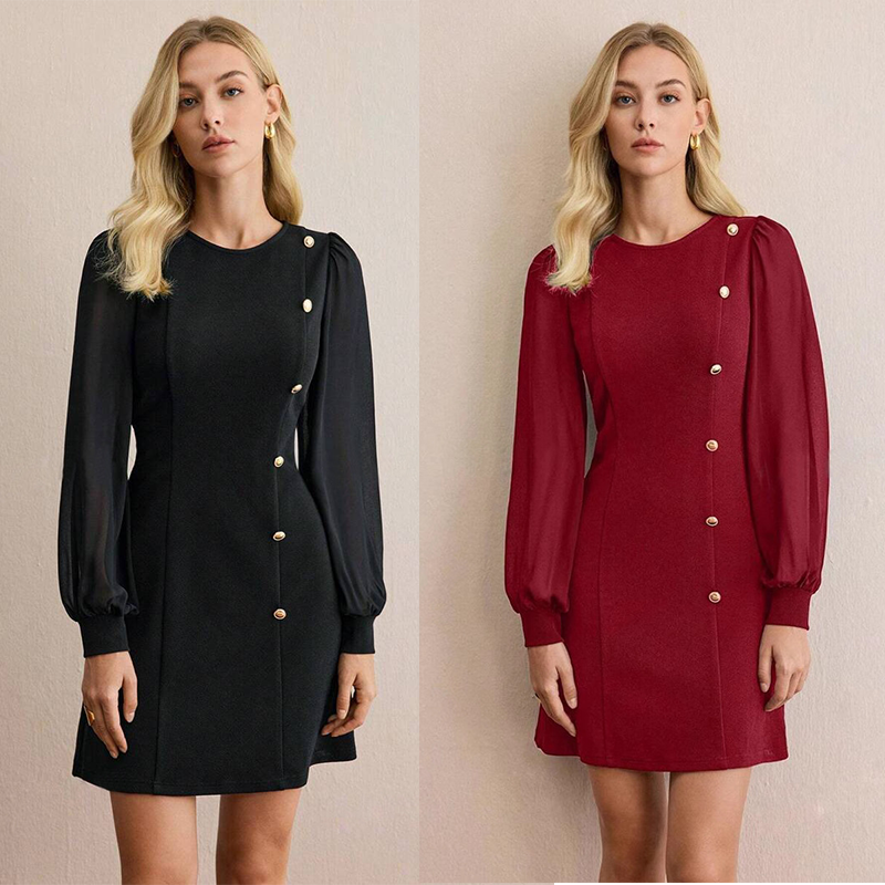 Elegantes Langarmkleid mit asymmetrischer Knopfleiste