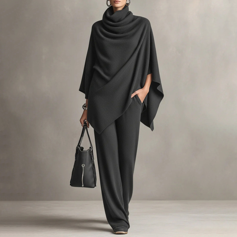 📢📢50%Rabatt!!!🎉✨Damen-Set: Cape-Oberteil mit Wasserfallkragen & Hose mit weitem Bein