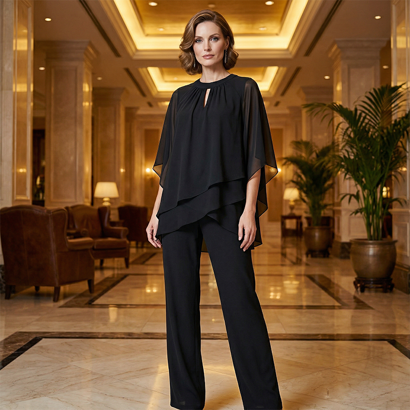 ✨ Elegantes zweiteiliges Set mit asymmetrischer mehrlagiger Bluse und weiter Hose. 🕊️