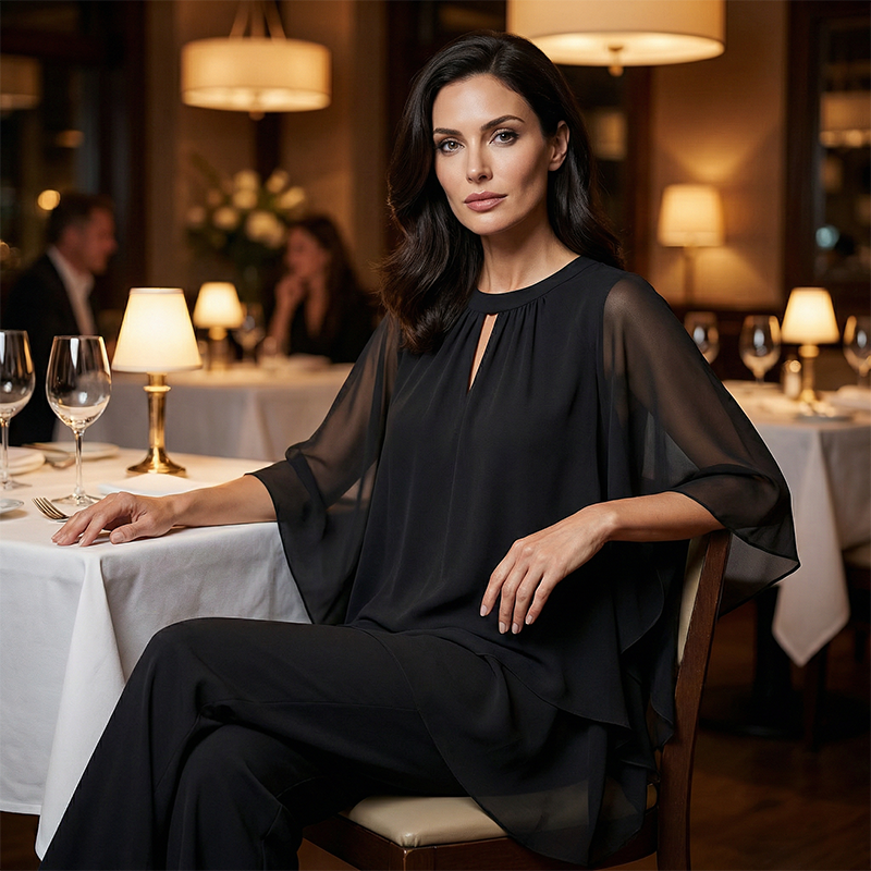 ✨ Elegantes zweiteiliges Set mit asymmetrischer mehrlagiger Bluse und weiter Hose. 🕊️
