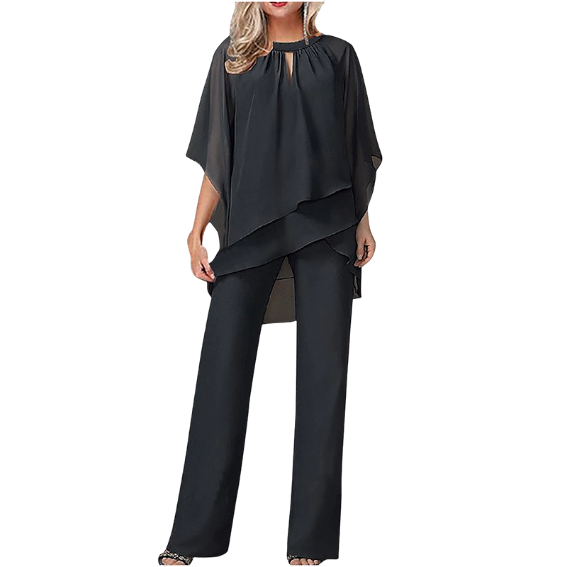 ✨ Elegantes zweiteiliges Set mit asymmetrischer mehrlagiger Bluse und weiter Hose. 🕊️