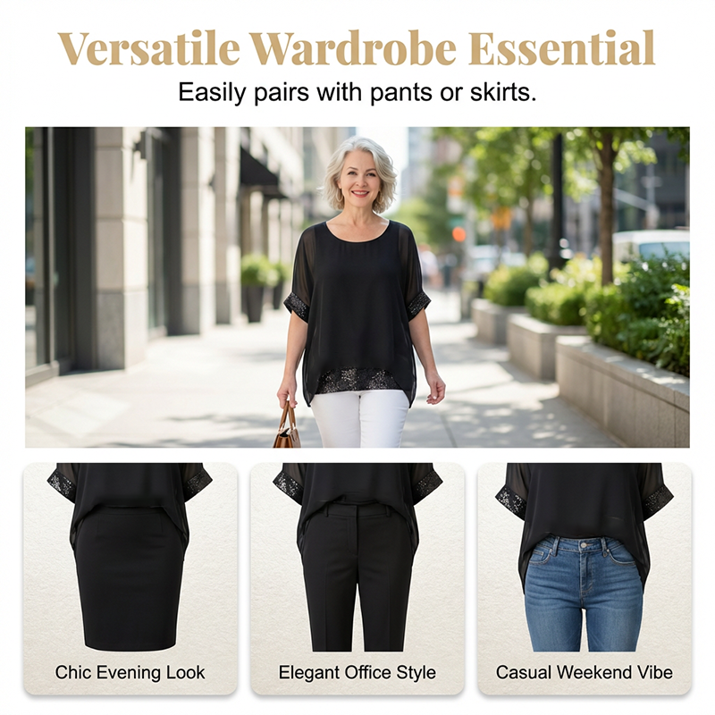 🌟 LIMITED-TIME 50% RABATT! 👕 Lässiges Damenoberteil mit Pailletten – Elegant, Weich, Loose Fit ✨